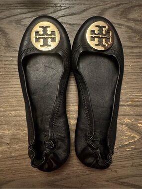 Tory Burch Black Leather Ballet Flats with Gold Logo Medallions